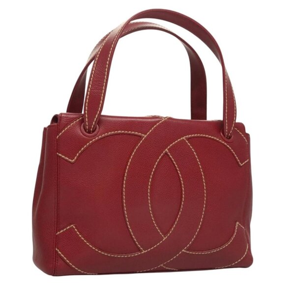 CHANEL Wild Stitch Hand Bag Grained Calf Skin Bordeaux Gold CC Auth 126239V - Picture 1 of 14